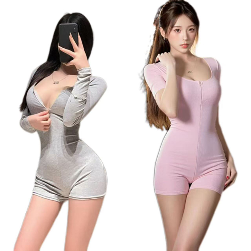 Yoga Và Fitness - セクシーなショートヨガオープンクロッチボディスーツ長袖スリムフィットソリッドカラーVネック女性フィットネスショーツローカットジッパースポーツウェア