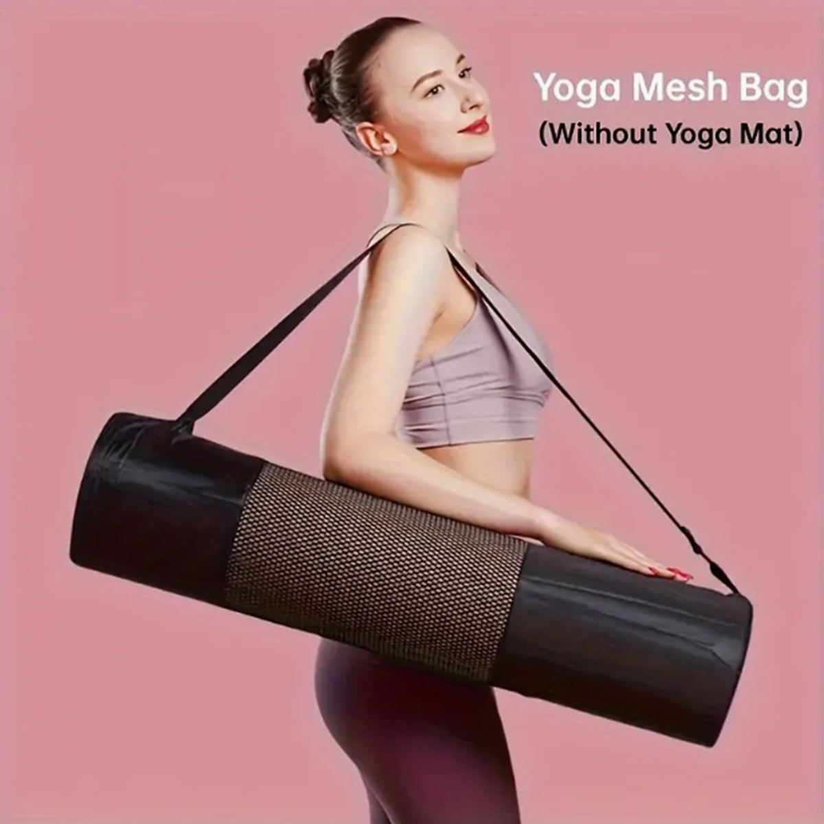 Yoga Fitness Mat - 通気性のあるヨガマット収納メッシュバッグ - 耐久性のあるオックスフォード生地、黒色、ショルダーストラップ付き、日常使用やフィットネスに最適