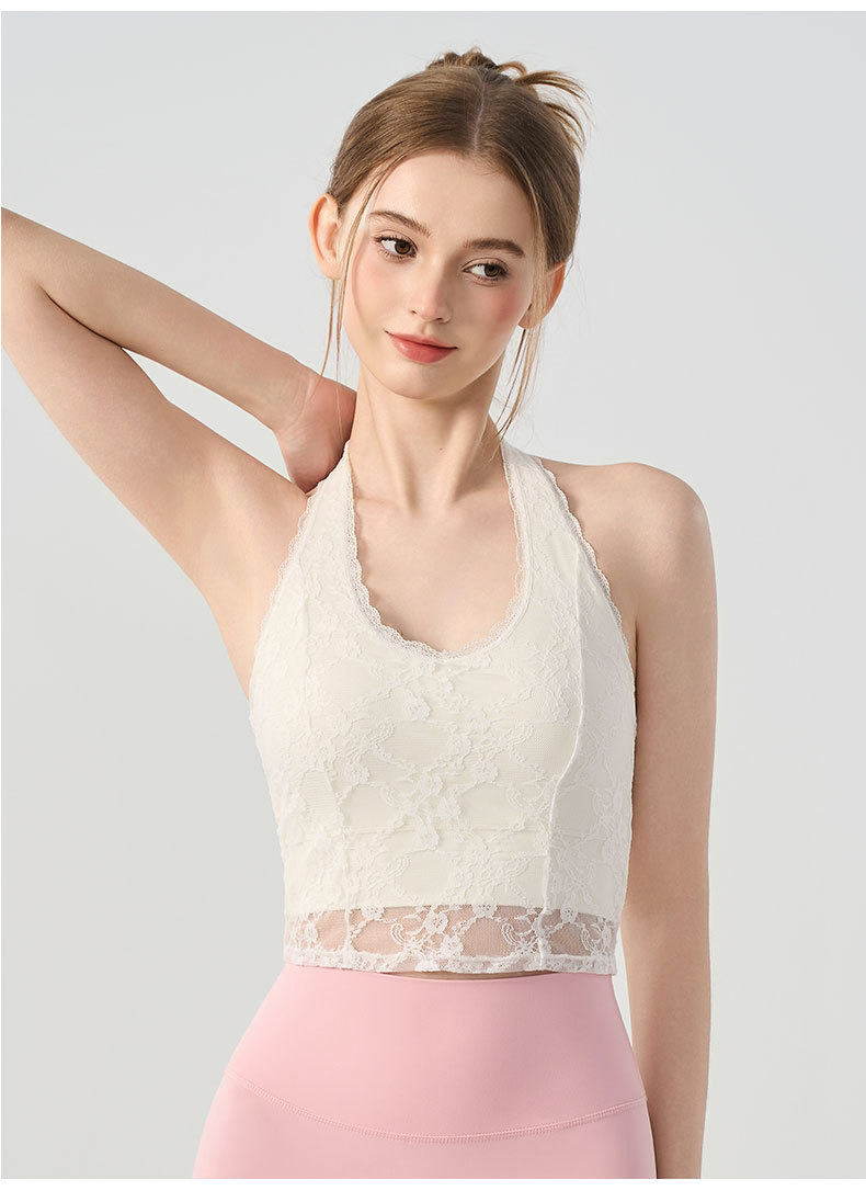 Yoga Và Fitness - セクシーな女性用ホルターVネックレース付き胸パッド入りバックレスノースリーブベストスポーツヨガフィットネスピラティストレーニング通気性タンクトップ