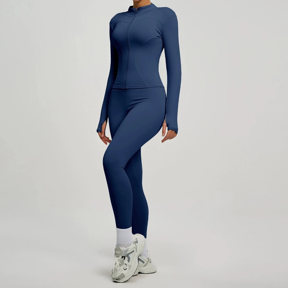 Yoga Và Fitness - 2ピースジャケットヨガセット レディース 長袖ジッパー付きスリムスポーツシャツ ヒップリフティングヨガパンツセット フィットネスランニングワークアウトトラックスーツ